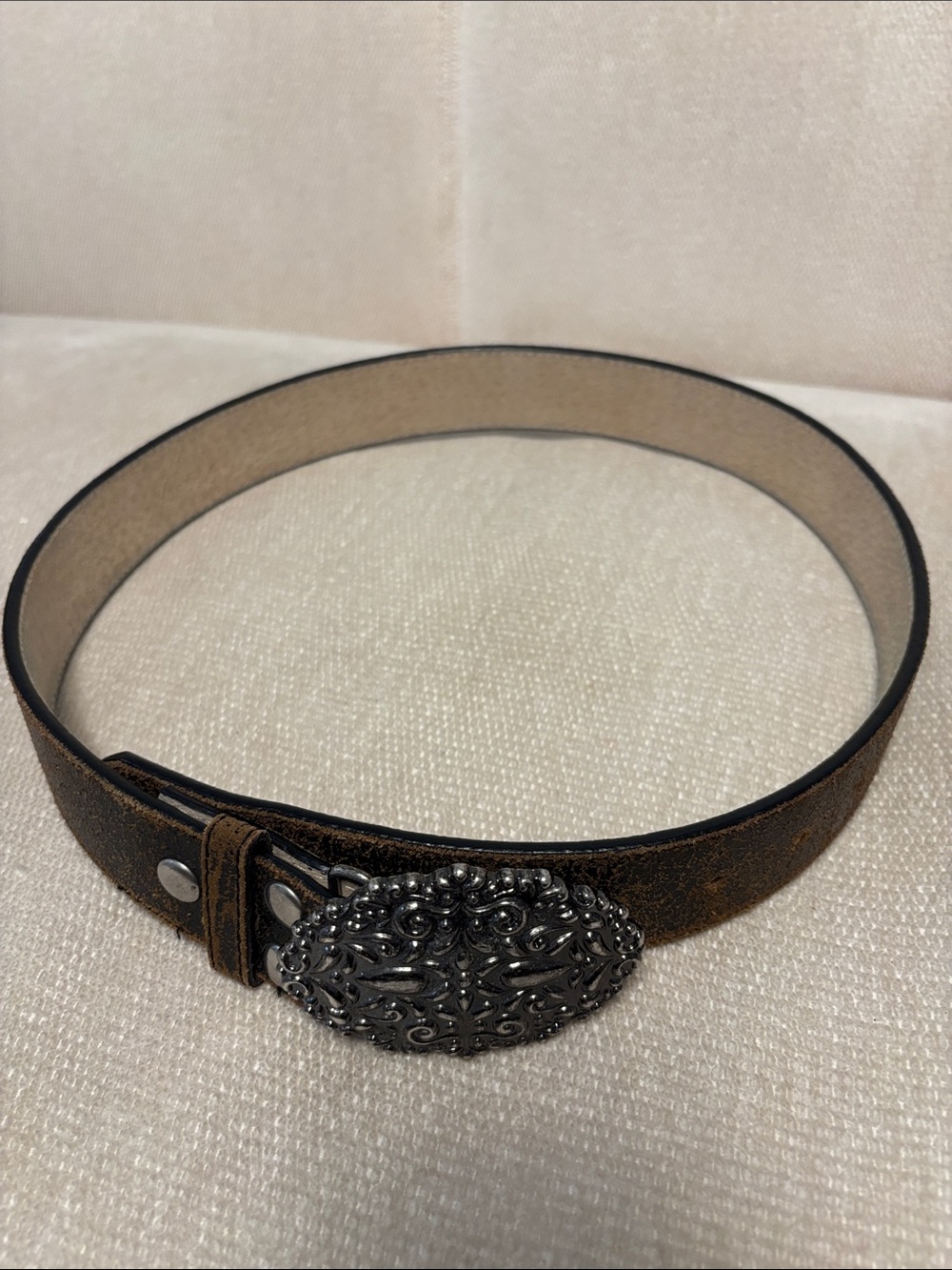 Women's Distressed Brown Leather Belt with Ornate Silver-Tone Buckle